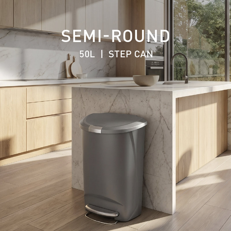 Simplehuman 50 Liter / 13 Gallon Semi-Round Kitchen Step Trash Can with Secure Slide Lock, Plastic, Gray