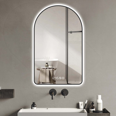 Arched LED Mirror For Bathroom,Time And Temperature Display, Backlight, Anti-Fog, Dimmable, With Three Color Temperatures-Modern Vanity Light Mirror
