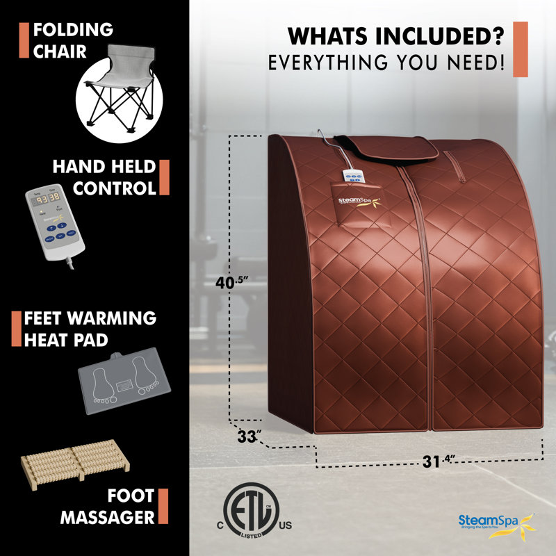 SteamSpa Portable 1-Person Home Sauna with Infrared Heating, Digital Control, Foot Heating Pad, Foldable Chair and Foot Massager in Brown Finish