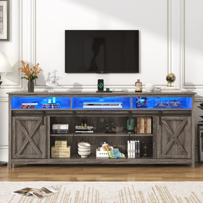 70” Wooden Farmhouse TV Stand for 70/80 inch TV,Double Layer Storage Entertainment Center TV Console Table,w Double-Row Sockets and 2 Sliding Barn Door,Media Cable Box