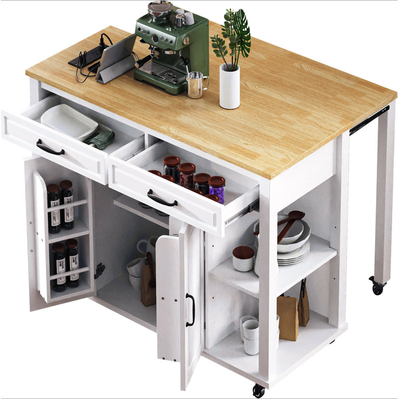 47 Inch Kitchen Island With Extendable Dining Table, Rubber Wood Veneer Kitchen Table With Internal Storage Rack, Power Outlet, Kitchen Island With Storage 2 Drawers 2 Cabinet