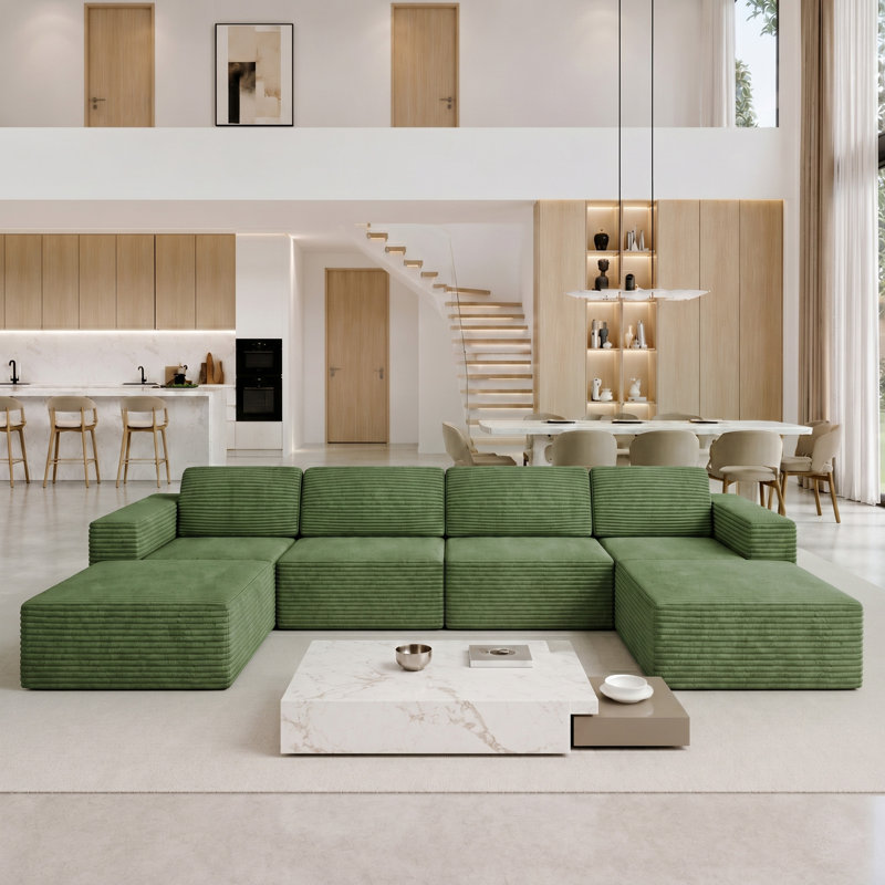 Modular Corduroy Boneless Sofa With 2 Ottomans, No Assembly Required, With High Rebound Sponge, 93" H x 404" W x 205" D