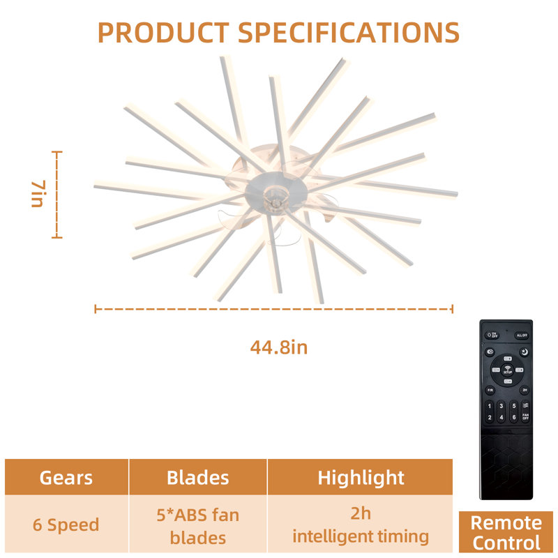 Dimmable and Timing 6 Gear Wind Speeds LED Modern Ceiling Fan Light with Remote/APP Control, White