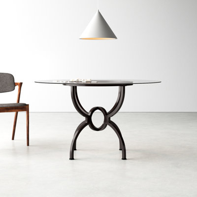 Amarvir 48 Inch Round Dining Table, Clear Glass Top, Interlocked Ring Motif Legs