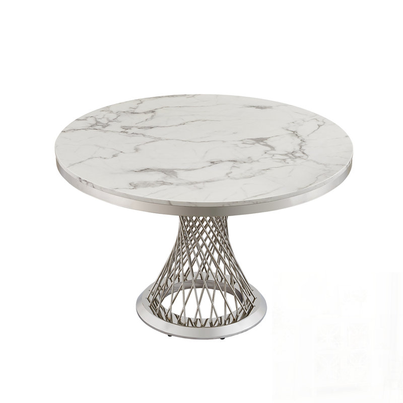 Round Faux Marble Dining Table, Modern High Gloss Kitchen Table with Stainless Steel Base for Elegant Meals