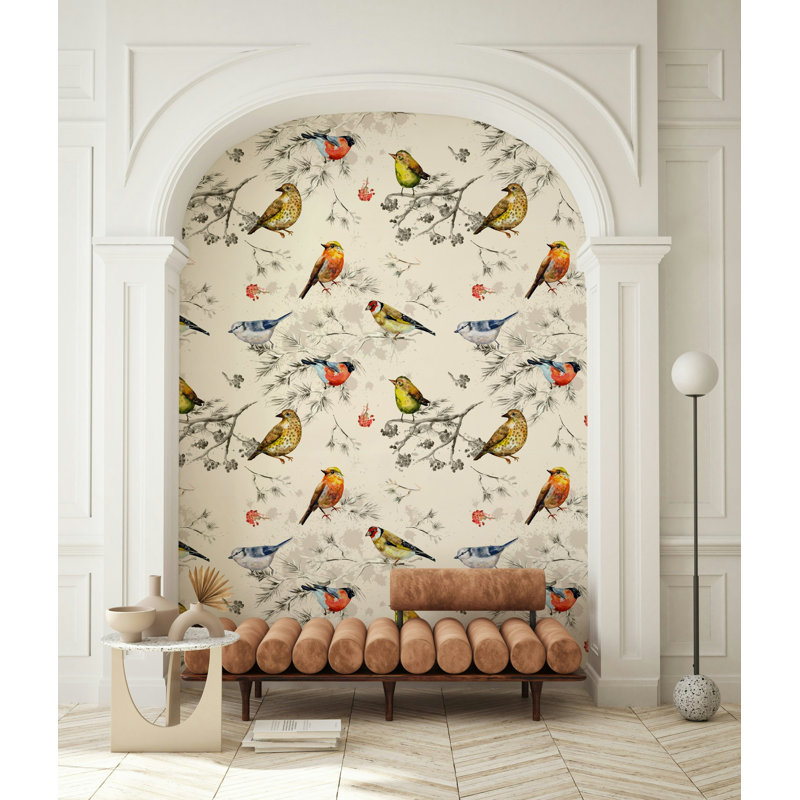 Vintage Bird Branch Pattern Wallpaper in Soft Beige, 106"L x 187"W