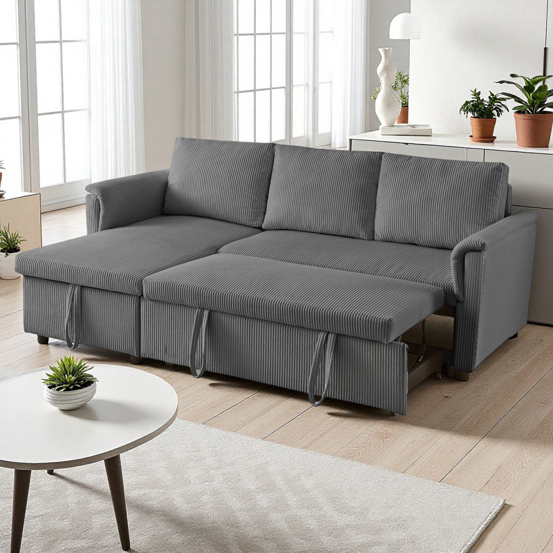 Canapé avec méridienne convertible modulaire en L, Velours côtelé gris