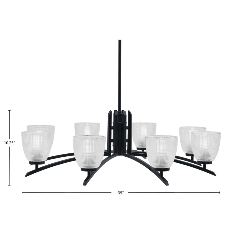 Lustre 8 lumières Kurve illustré en finition noir mat avec verre côtelé transparent de 5 po
