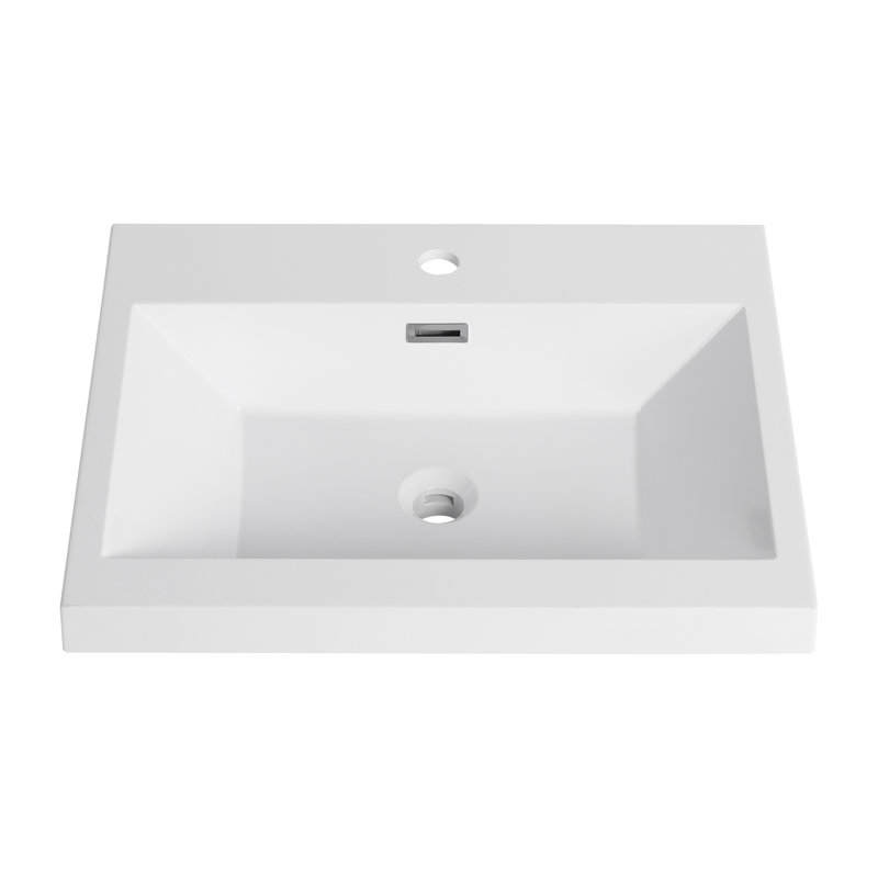 Évier de 24 po en résine pour salle de bain, finition blanc brillant, évier durable à long terme, style moderne et élégant