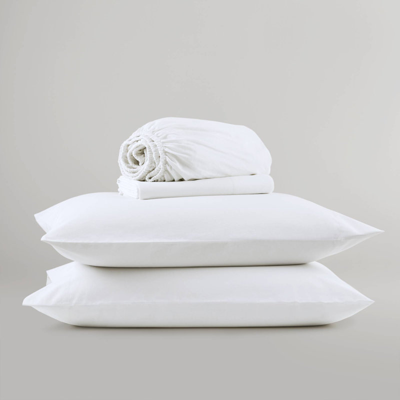 Ensemble de draps 100% coton 144TC, Blanc, Ensemble de draps pour lit simple avec 1 taie d'or