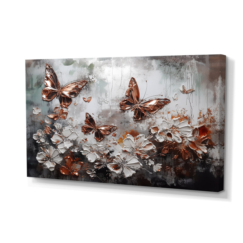 «Rose Gold Butterfly Wings And Flowers IV», reproduction d'art sur toile florale
