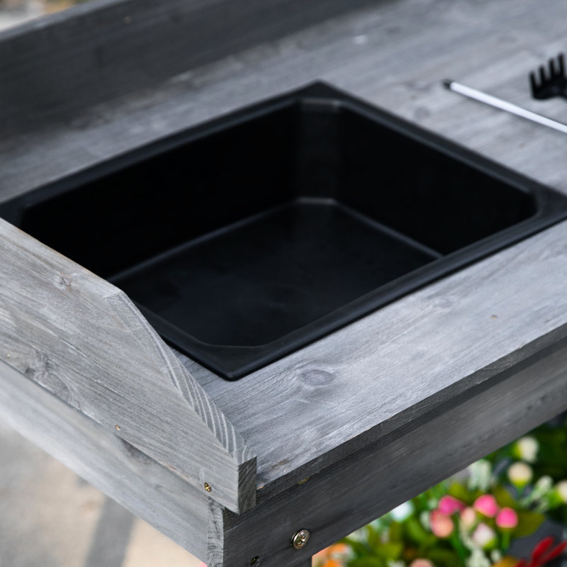 Banc de rempotage en bois gris de 36 po avec roues mobiles, évier, tiroir et espace de rangement considérable
