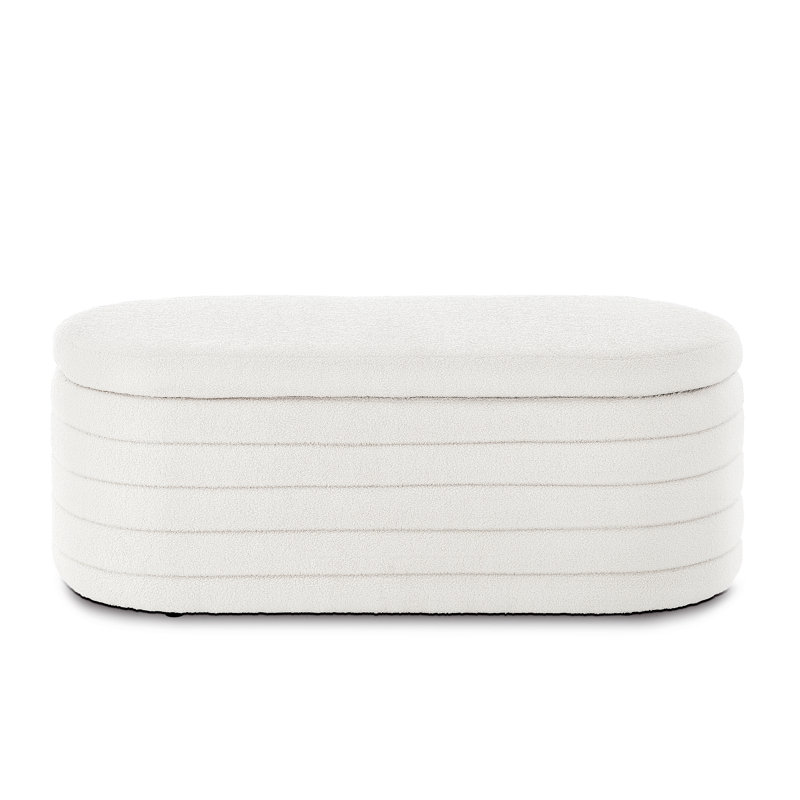 Cream White Upholstered Oval Storage Ottoman Bench