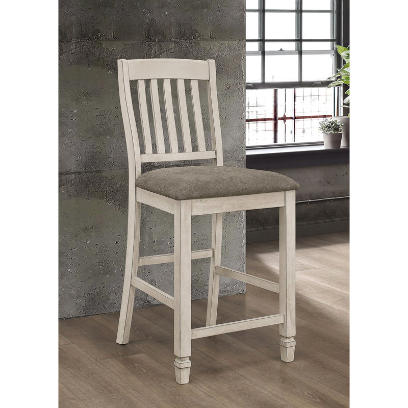 2 tabourets de hauteur de comptoir, crème rustique avec dossier à lattes, siège de 26 po de hauteur, 17,5 po, chaise élégante au fini, assise, profondeur, rembourrage, sièges invitants