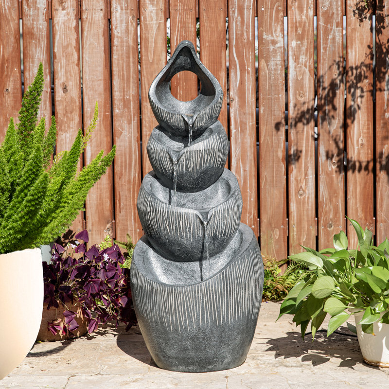 34"H 4-Tiered Zen-Style Alms Bowl Polyresin Outdoor Fountain With Pump And LED Light (KD)