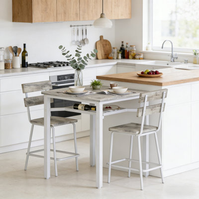 Ensemble de salle à manger 3 pièces de style moderne, ensemble de salle à manger peu encombrant pour la cuisine, la salle à manger, le petit espace, un petit ensemble de 3 tables de bar avec plateau en particules, structure en métal et support de rangement intégré