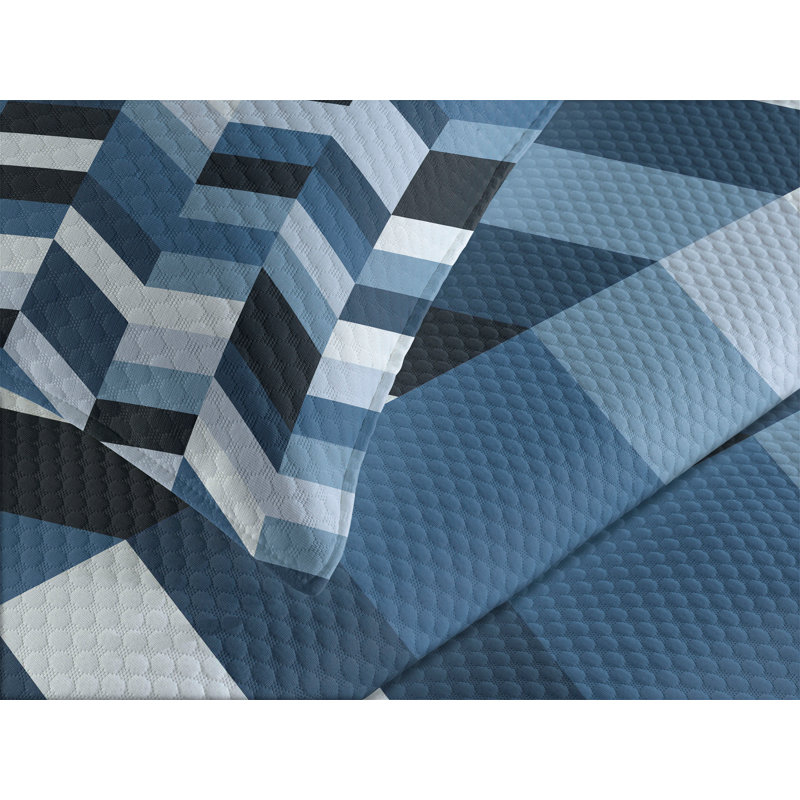 King Size Blue Quilted Bedspread Set with Pillow Shams