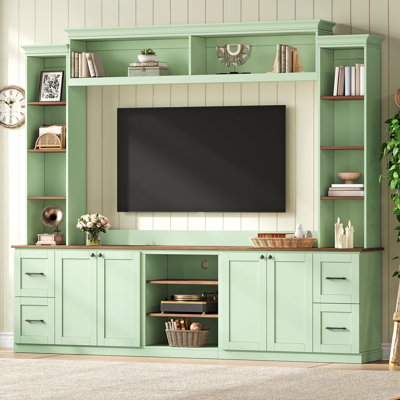 4-in-1 Entertainment Center Wall Unit with Bookshelf for TVs Up to 70", Farmhouse Large TV Stand with Walnut Adjustable Shelves, Elegant Retro Media Console with Drawers for Living Room, Mint Green
