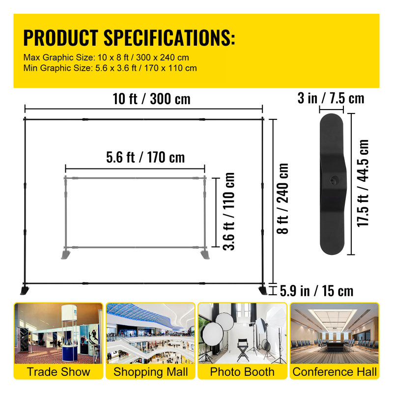 Support de bannière de fond de 3 x 2,4 m (10 x 8 pi), hauteur et largeur réglables, motif répété, conçu pour les murs d'exposition et les cabines photo lors de salons professionnels.