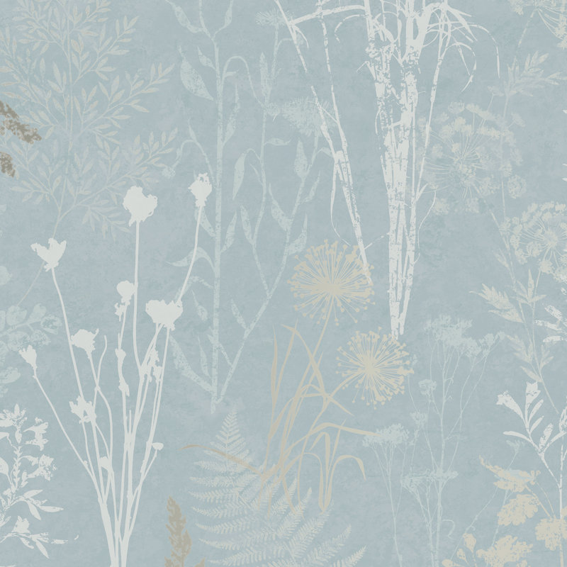 Zen Floral Metallic Wallpaper Double Roll, Duck Egg