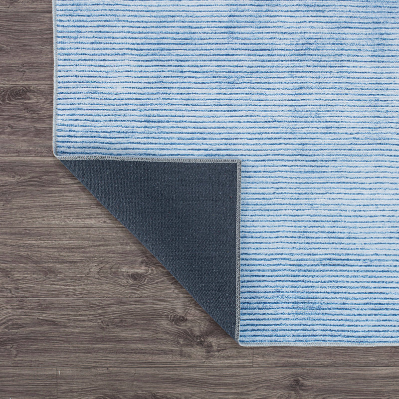 Araceli Machine Washable Stripe Flatweave Performance Blue Area Rug, Rectangle 7'6" x 9'6"