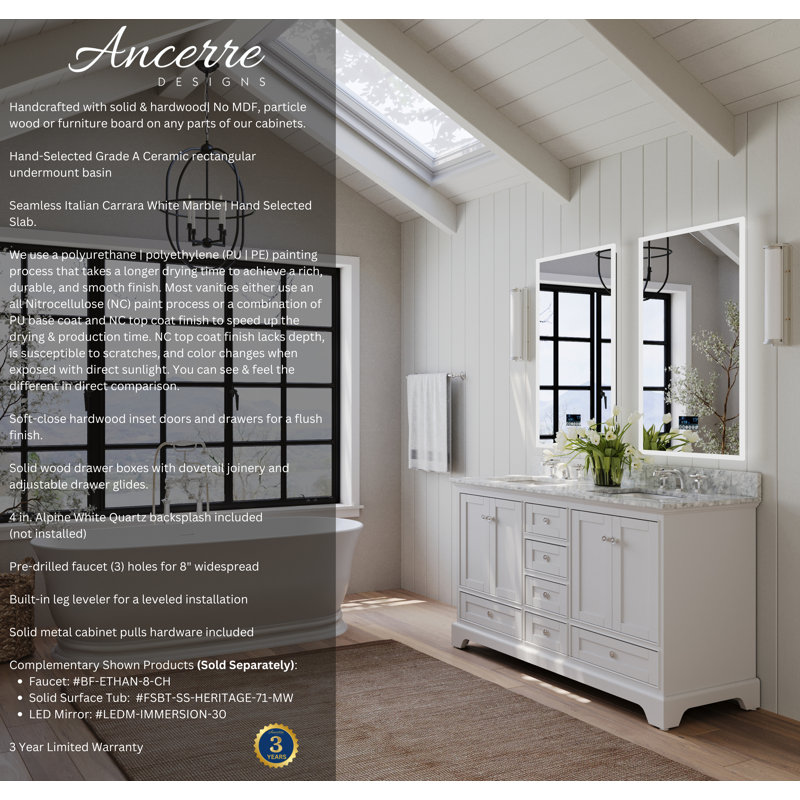 Audrey 60'' W Double Vanity, White/Brushed Nickel, Carrara White Marble