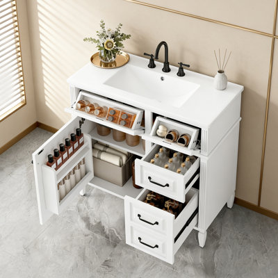 36" Freestanding Bathroom Vanity - Ceramic Sink Top,Solid Wood Frame & Mdf Cabinet With Flip Drawer Design