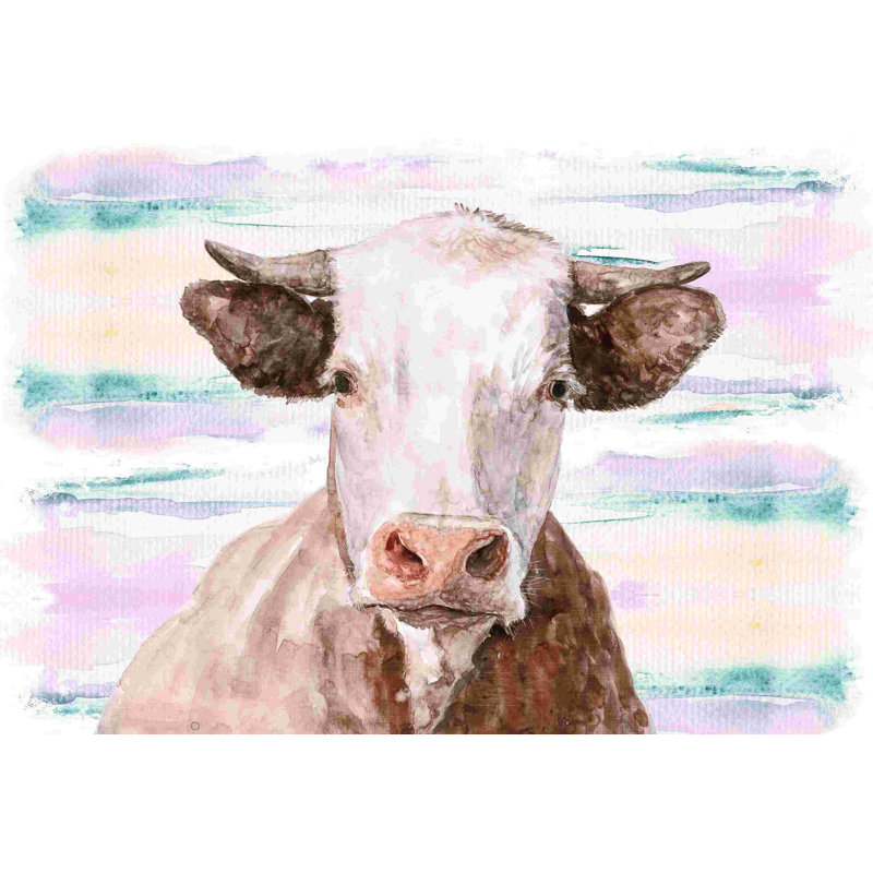 Vache brune sur fond fantaisiste - peinture sur toile tendue, Brun / Rose / Bleu, L 48 po x H 32 po