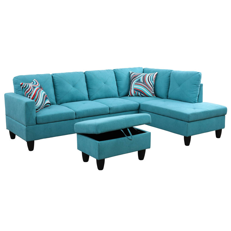 Sky blue Sackcloth Fabric L style Right Hand Facing Living Room Sofa Set, with ottoman, Blue Microfiber, Right Hand Facing