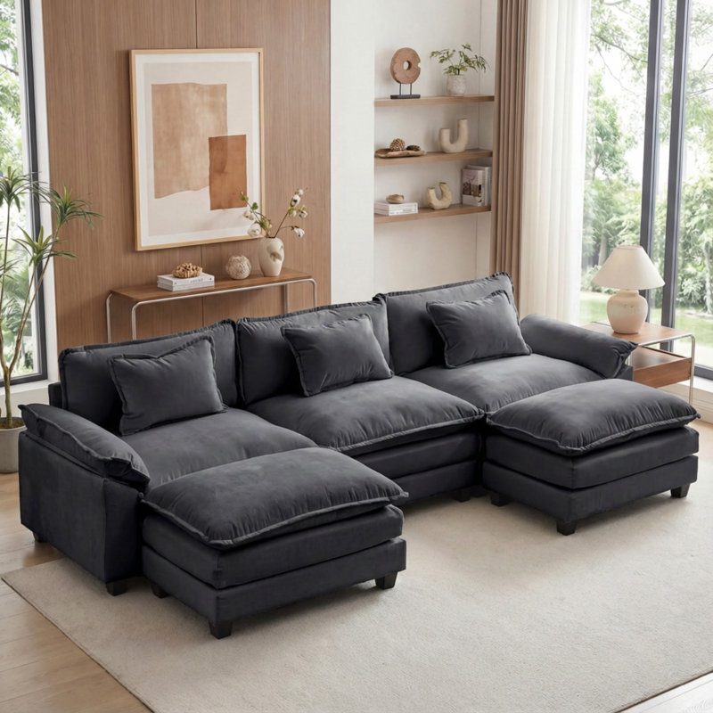 Canapé modulaire U, H 34,6 po x l 120 po x P 33,8 po, Velours gris foncé