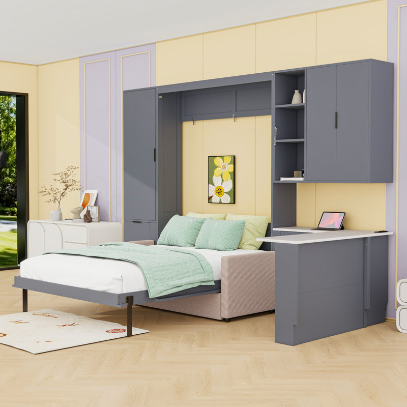 Grand lit escamotable avec canapé, tablettes de rangement et configuration de bureau, Gris foncé