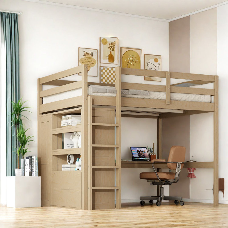 Lit mezzanine multifonctionnel en bois avec rangement et bureau, noyer, peu encombrant
