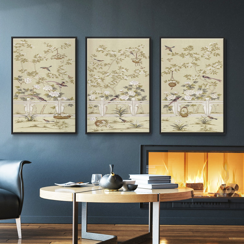 Écru corail I, ensemble de 3 toiles encadrées sur toile, Cadre noir, H 36 po x l 72 po