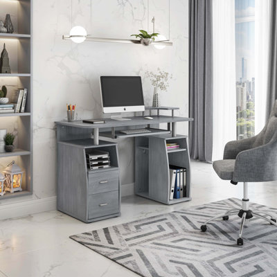 Bureau d'ordinateur complet avec rangement, gris