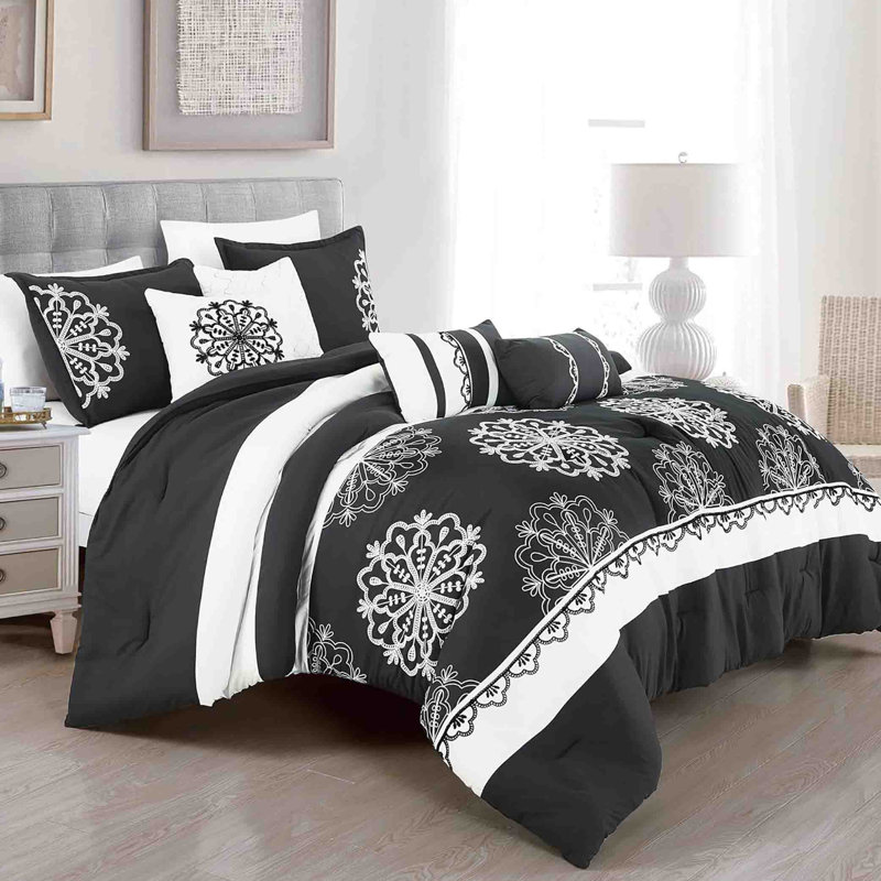 Ensemble d'édredon à rayures 7 pièces noir et blanc, Édredon de grande taille et 6 pièces supplément