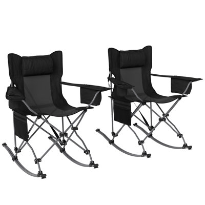 Folding Rocking Camping Chairs for Adults, Portable Outdoor Rocking Chairs with Headrest, Cooler Bag, Cup Holder, Carry Bag for Picnic Outside and Out by Arlmont & Co.