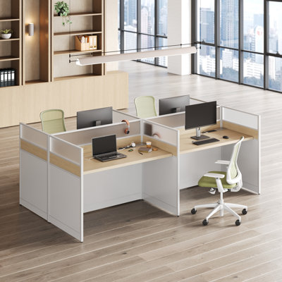 Four-Person Office Cubicle Workstation with Frosted Acrylic Panels