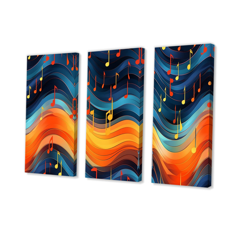 Vagues de notes de musique en orange et bleu rétro - ensemble de reproductions d'art mural musical