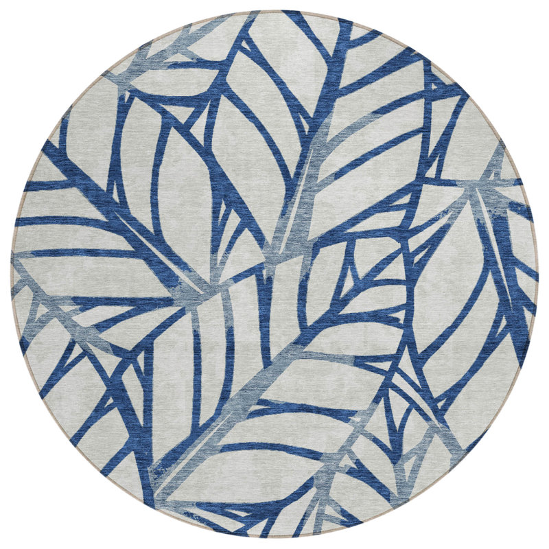 Tapis d'intérieur rond lavable floral 8 pi bleu marine et beige