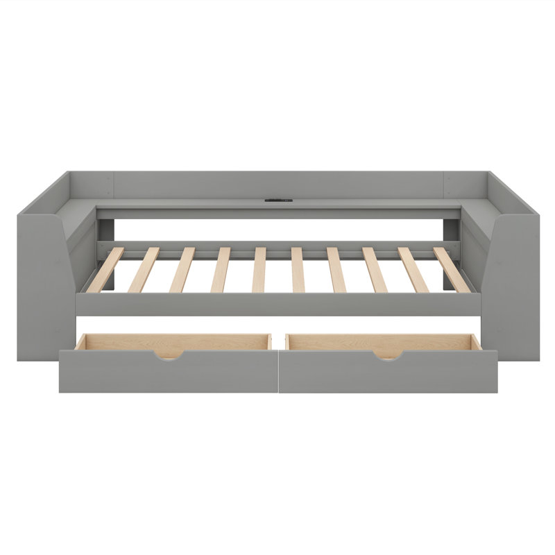 Aiham Twin Wooden bed with Shelves, Drawers and Built-In Charging Station, Gray