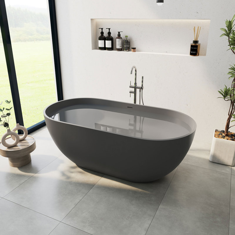 Ryder 59" x 30" Freestanding Soaking Stone Resin Bathtub, Matte Gray