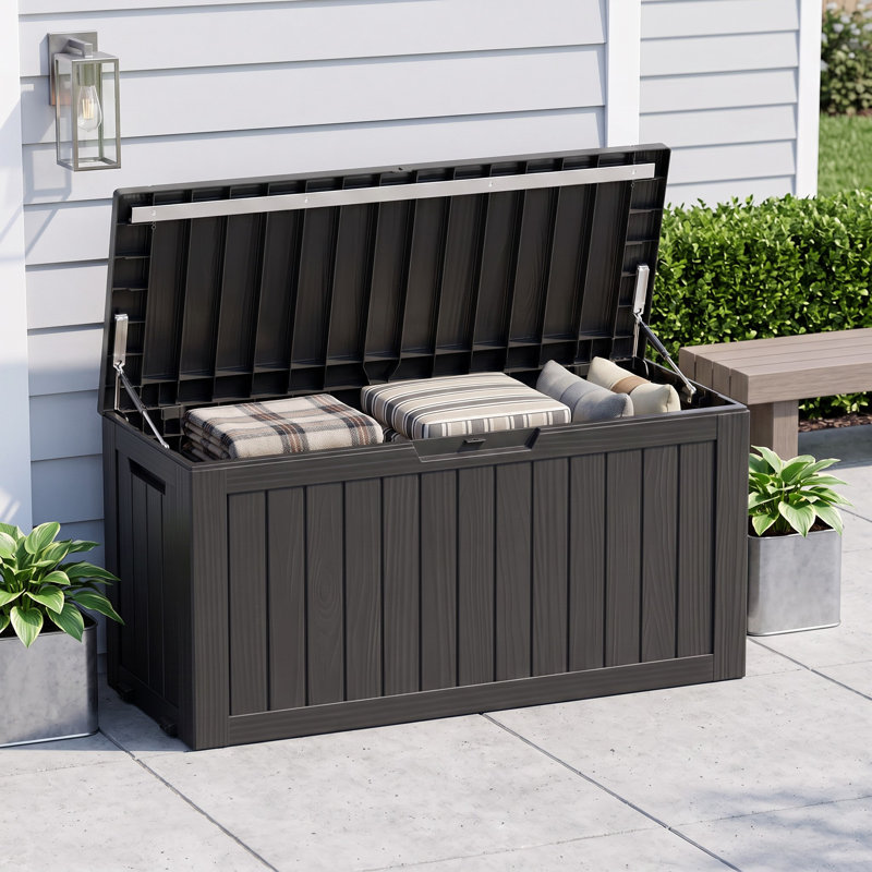 Coffre de rangement extérieur de 340 litres (90 gallons), coffre de terrasse en résine résistant aux intempéries avec couvercle verrouillable, capacité de charge maximale de 204 kg (450 lb) pour coussins de patio, jouets de piscine, outils de jardin et accessoires de plein air