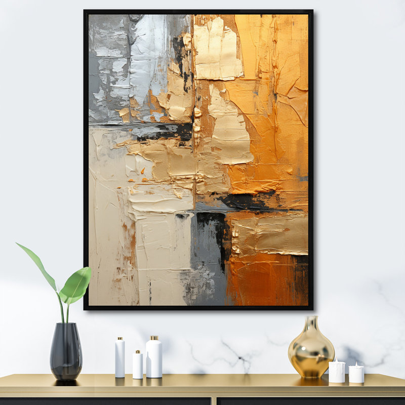 Fromma, gris doré, géométrie brillante XV - Collages abstraits, art mural, H 40 po x l 30 po x P 1,5 po, Cadre flottant noir