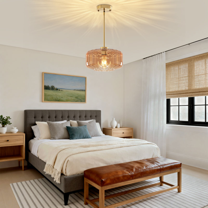 Luminaire suspendu simple à intensité variable 1 lumière avec abat-jour en verre ambré pour îlot de cuisine, salle à manger, chambre à coucher, couloir