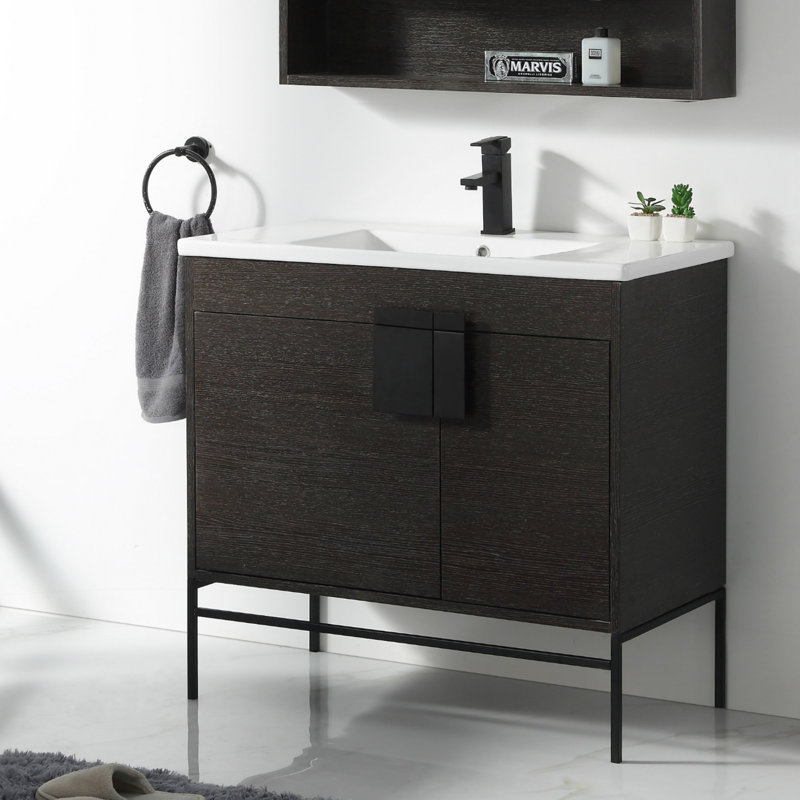 Ensemble de meuble-lavabo simple 36 po Maisie, Noir mat, Chêne noir à grain droit