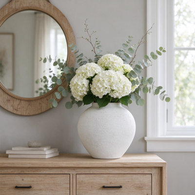 Grand vase à fleurs blanc aspect céramique, vase décoratif rond rustique pour centres de table, vase de sol en fer incassable pour salon, entrée, décoration intérieure de style campagnard