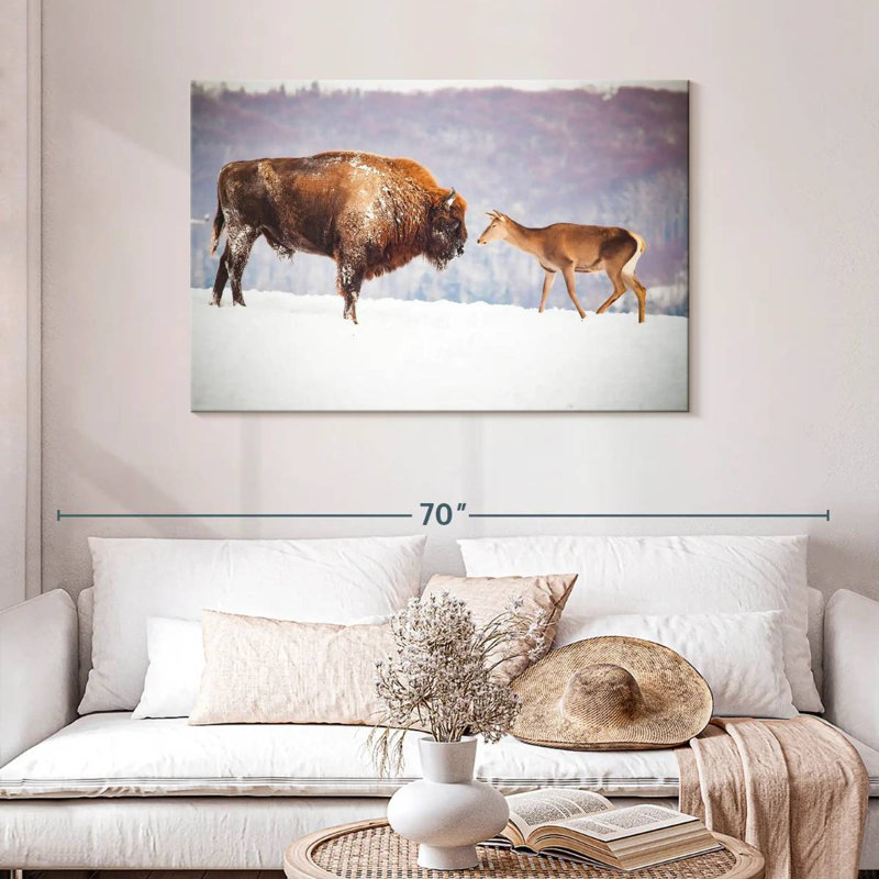 Bison de Brampt et cerf en hiver, H 30 po x l 45 po
