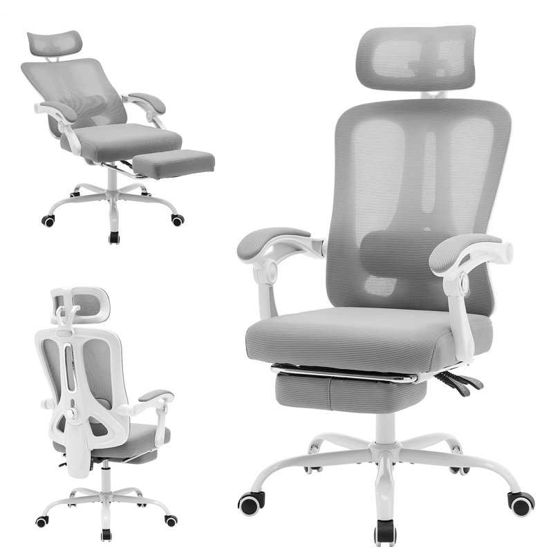 Rebrilliant Office Chair with Headrest, White-Gray