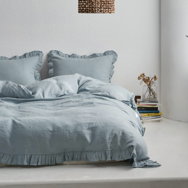 Dusty Blue King Size Linen Ruffled Duvet Cover Set