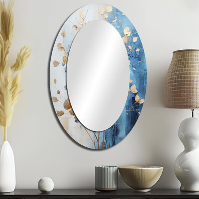 Flora Wonders III - Grand miroir mural ovale sur métal beige et or